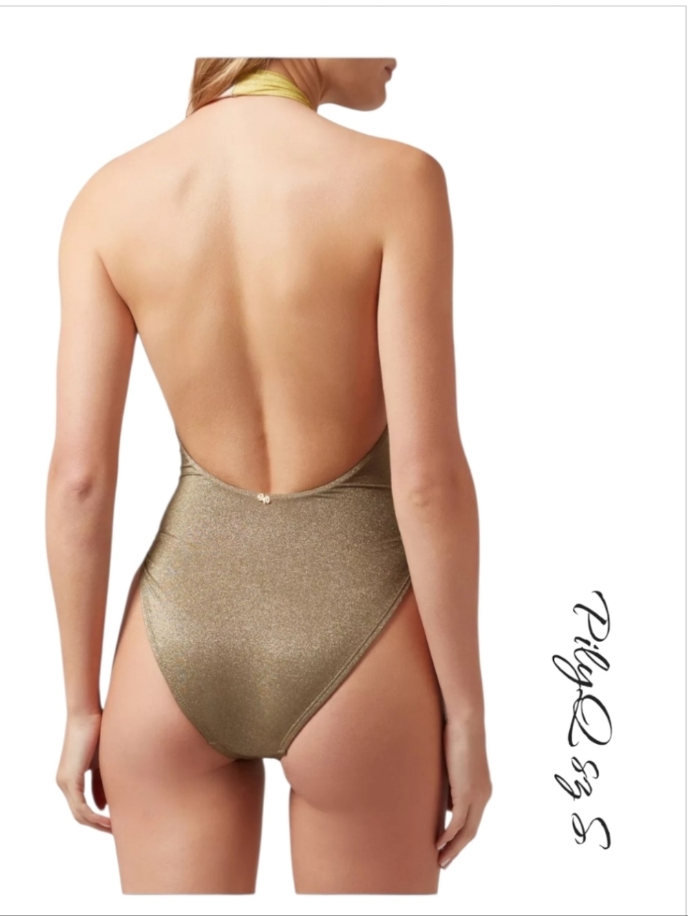 NWT PQ SWIM Alex Tricolor Halter One Piece Swimsuit Metallic Green Gold M - Picture 2 of 10